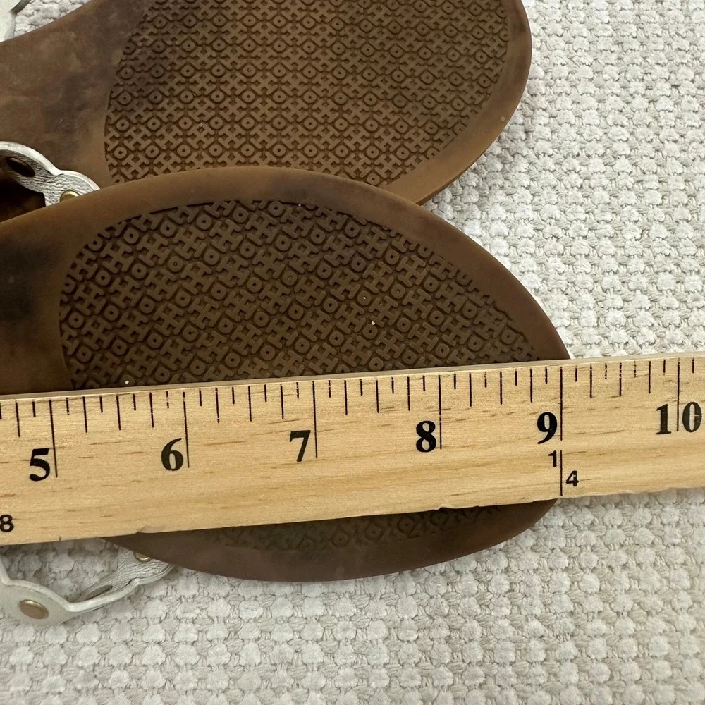 Tory Burch Womens Gold Logo Metallic Leather Scalloped Studded Flip Flop Sandals